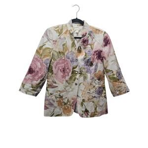 Coldwater Creek Floral Tapestry Blazer Jacket Women's 12 Cotton 3/4 Sleeve